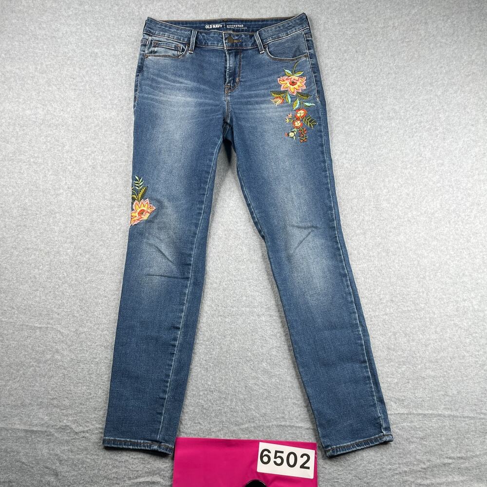 Old Navy Rockstar Denim Jeans Mid Rise Floral Embroidered Womens Size 6